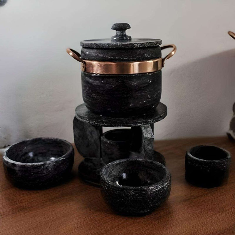 Soapstone Fondue Kit – Cheese or Chocolate + Sauce Dishes